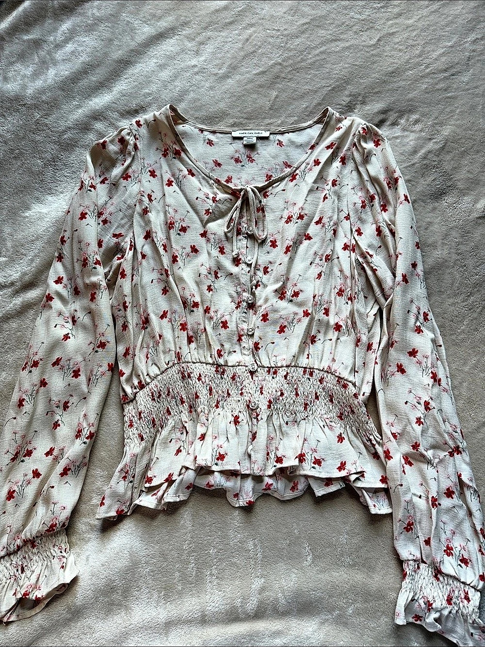 American Eagle AE Long-Sleeve Tie-Front Blouse Red & White Medium